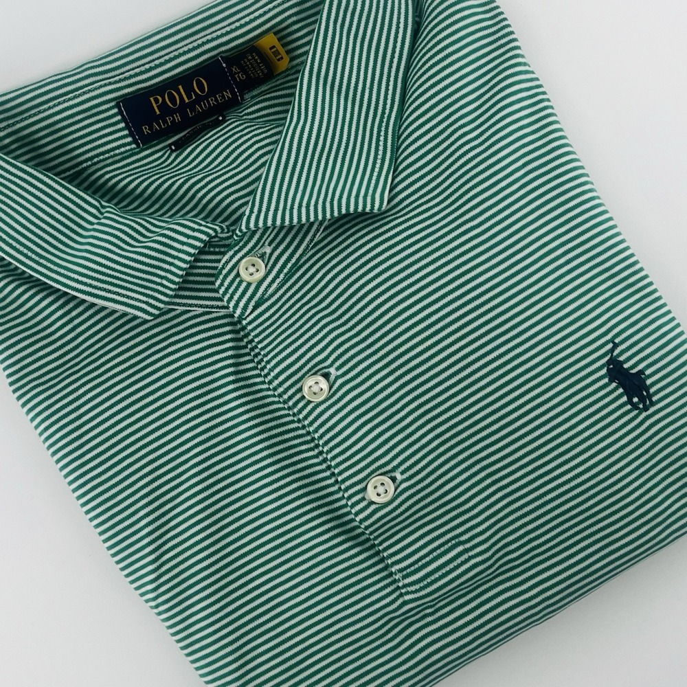 Polo Ralph Lauren Classic Fit Green White Stripe Polo Shirt Men's XL‎ Cotton